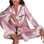 Luxurious Women's Pyjamas With Fur Striped Silky Satin Long Sleeve Pajama Set Lapel Top & Long Pants Sleepwear & Loungewear