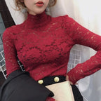 Stretch Floral Lace Petal Sleeve Shirt Women's Long Sleeved S-3XL T Shirt Ladies Perspective Blouse Tops Sexy Lace Tees Clothing