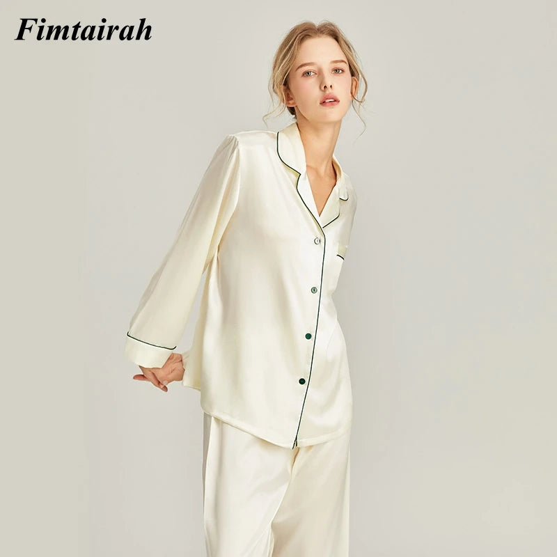 Fimtairah New 6A 100%  Silk Pajamas Women's Spring Autumn 2024 Fashion Lady Long-sleeved Two-piece Suit  Summer home clothes