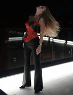 Women Red Satin Strapless Corset Top Sexy Rhinestone Hand-pattern Slim-fit Formal Crop Bustier 2026 Trendy Glamorous Party Top