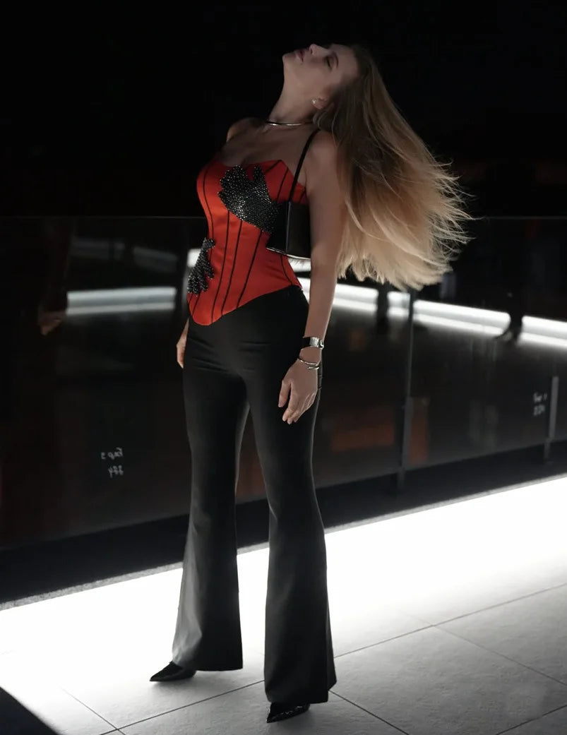 Women Red Satin Strapless Corset Top Sexy Rhinestone Hand-pattern Slim-fit Formal Crop Bustier 2026 Trendy Glamorous Party Top