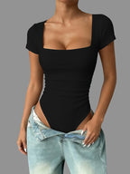 Solid Color Square Neck Ribbed Short Sleeve Bodysuit That Highlights Curves And Creates a Slim Silhouette