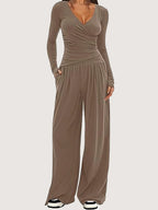 2025 autumn and winter wide leg pants set, women's long sleeved multi occasion sportswear, commuting hot selling item