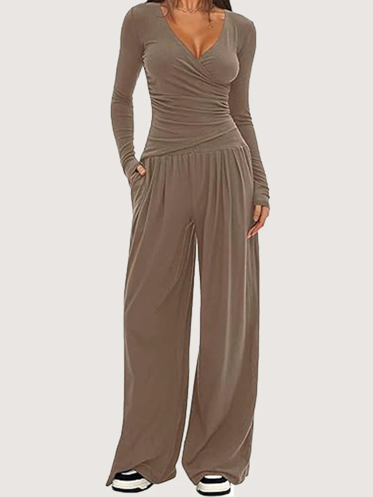 2025 autumn and winter wide leg pants set, women's long sleeved multi occasion sportswear, commuting hot selling item
