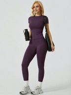 2 Piece Yoga Set Women Short Sleeve Top High Waist Leggings Gym Workout Clothing Tummy Control Fitness Sportswear Activewear Sui