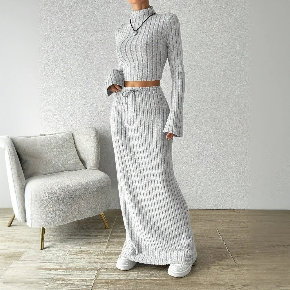 Casual Solid Exposed Navel Knitted Pants Set Women Fashion Spring Stand Collar Long Sleeved Top Lady Fashion Daily Casual Sets