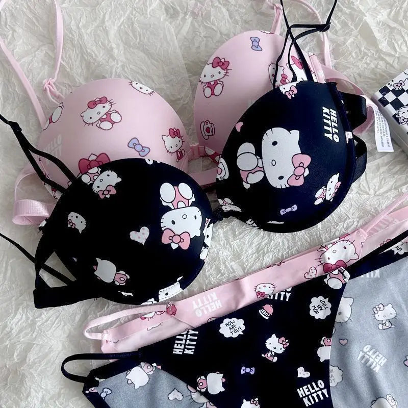 Japanese Hello Kitty Front Closure Push Up Bra Set for Women, Cute Kawaii Underwire Lingerie Set with Panty Y2K Women's Bra Set