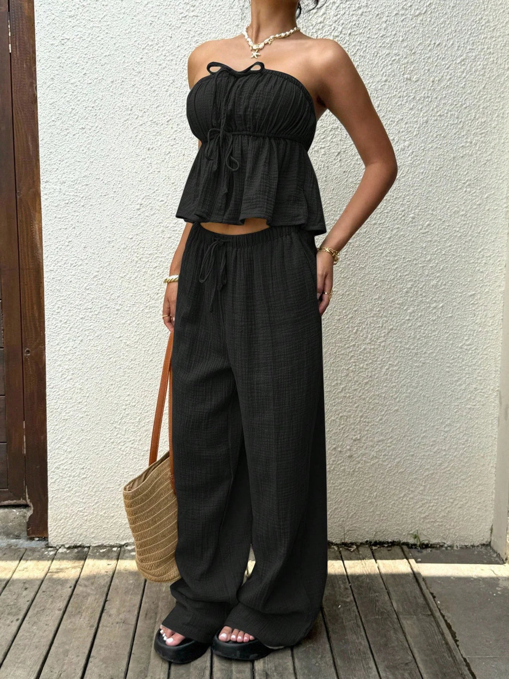 2 piece sets woman outfits，New women's casual two-piece lace up top and pants