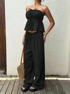 2 piece sets woman outfits，New women's casual two-piece lace up top and pants