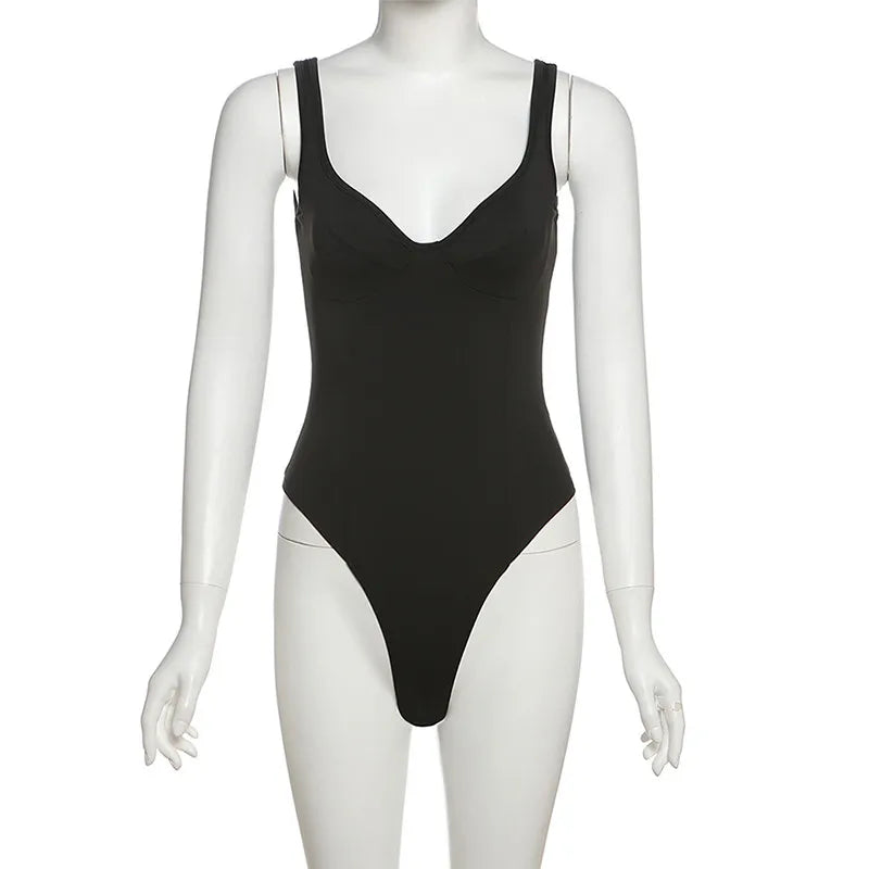 SylCue Sexy Backless Bodysuit Women Low-Neck Off Shoulders Solid Skinny Shaped Waist Street Versatile Wild Style Classic Bodycon