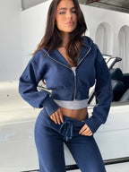 Women's solid color long sleeve cropped sweatshirt and drawstring waist sweatpants ladies hoodie set for winter women's clothing