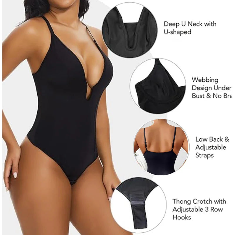 GUUDIA Sexy Low Back Bodysuits Backless Body Shaper U Plunge Thong Bodysuit Deep V Shaper Bodysuit Tummy Control Deep U Suits