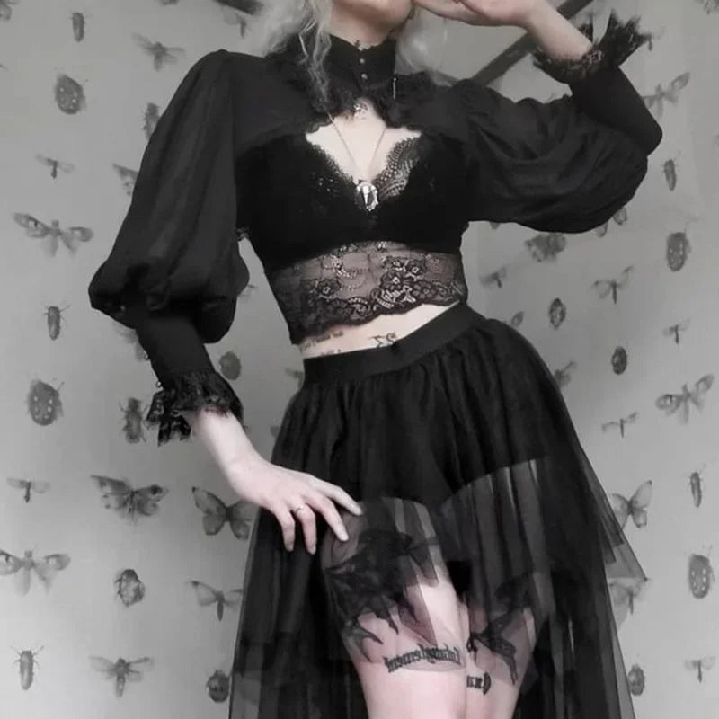 Lace Gothic Black Short Steampunk Crop Jacket Kawaii Vintage Gorgeous Palace Blouse Women Party Bolero Victorian Coat Corset