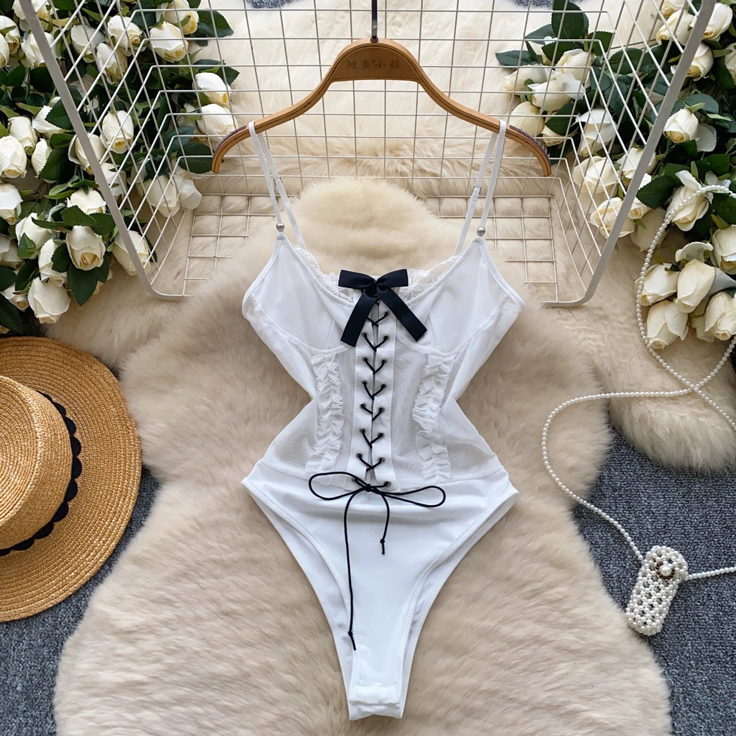 Bowknot Bodysuits One-piece Suit Women Elegant Straps Corset Jumpsuits French Slim Fit Shapewear Bodyshaper Sexy Lingerie Onesie