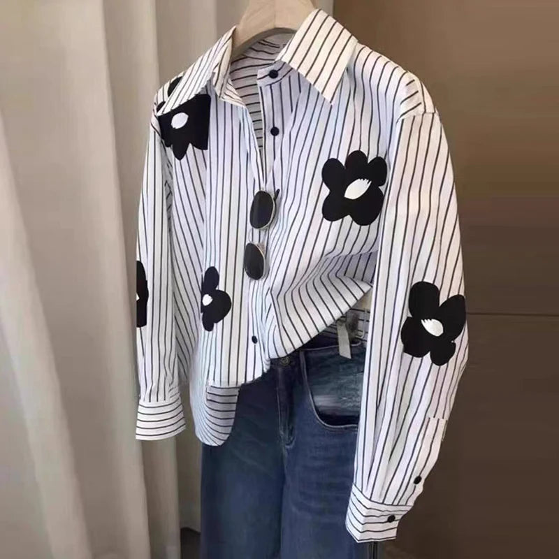 Turn-down Neck Flower Stripe Long Sleeved Loose Shirt And Blouse New In Clothing Top Casual Single Breasted Office Lady White