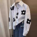 Turn-down Neck Flower Stripe Long Sleeved Loose Shirt And Blouse New In Clothing Top Casual Single Breasted Office Lady White