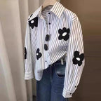 Turn-down Neck Flower Stripe Long Sleeved Loose Shirt And Blouse New In Clothing Top Casual Single Breasted Office Lady White