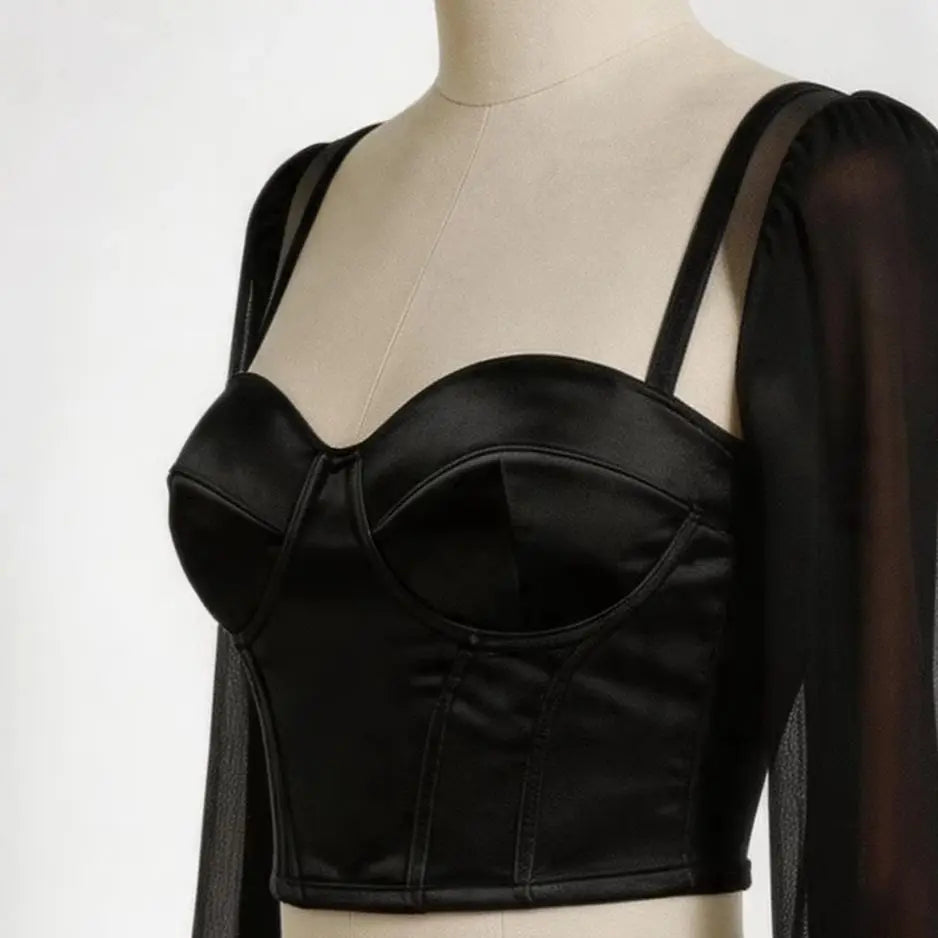 Sheer Mesh Bustier Top Women's Puff Sleeve Spaghetti Strap Corset Women Form Fitting Underwire Cropped Top