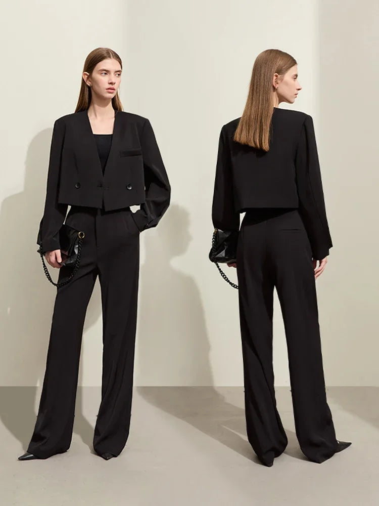 AMII Minimalism Women's Pant 2025 Autumn New Office Lady V-neck Loose Short Blazer Jacket + Casual Solid Pants Separate 12441110