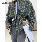 Fashion Baggy Plaid Women'S Blouse Elegant Lapel Long Sleeve Shirts And Blouses Vintage Pocket Lace-Up Top Female 2025
