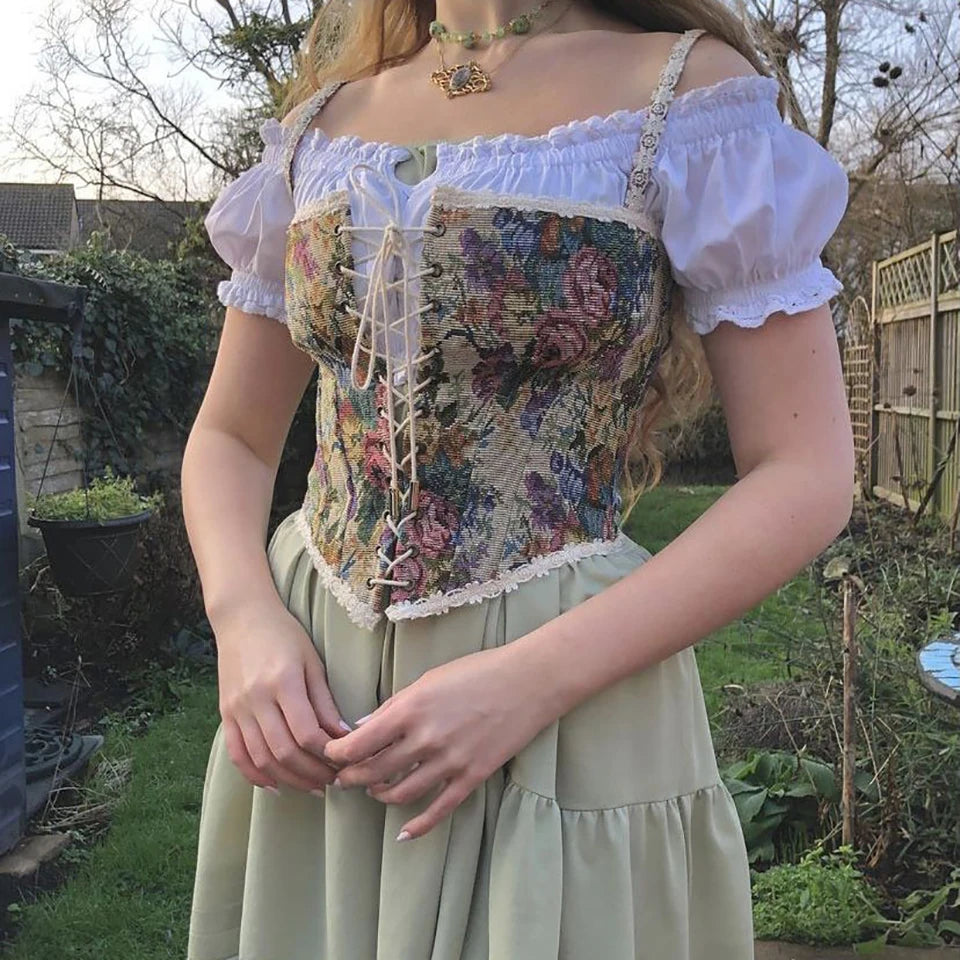 Cute Vintage Floral Jacquard Corset Embroidery Bustier Top Retro Fishbone Lace Up Corset Renaissance Korset Camisole Vest