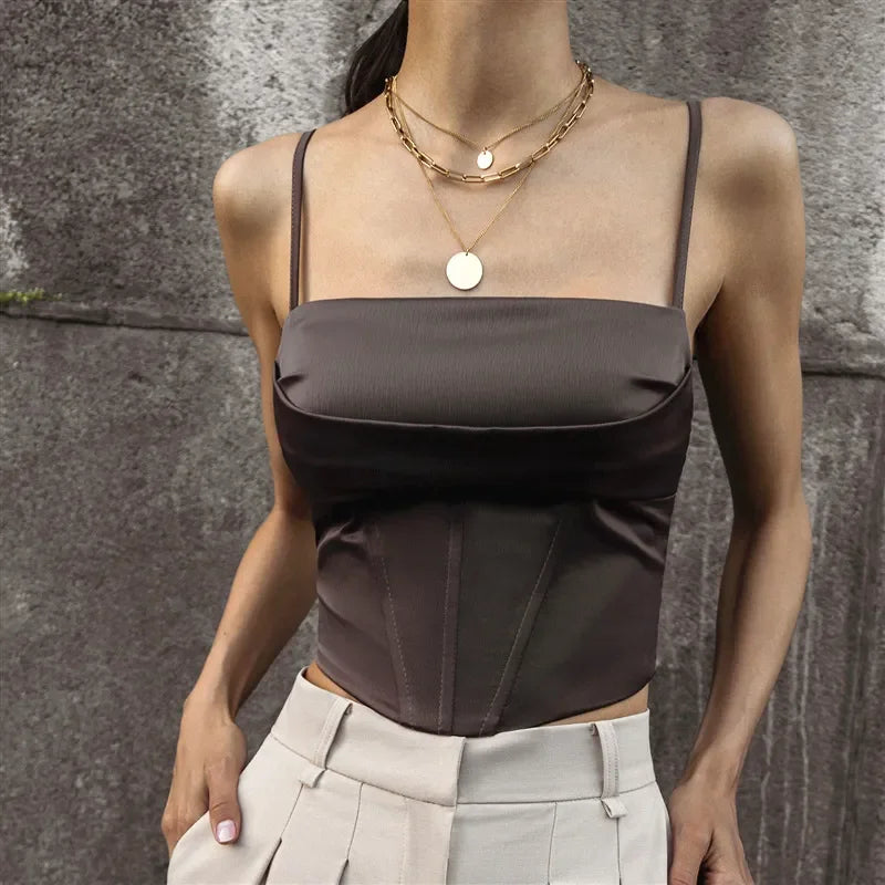 Women's White Satin Bustier Crop Top Spaghetti Strap Square Neck Corset Camisole