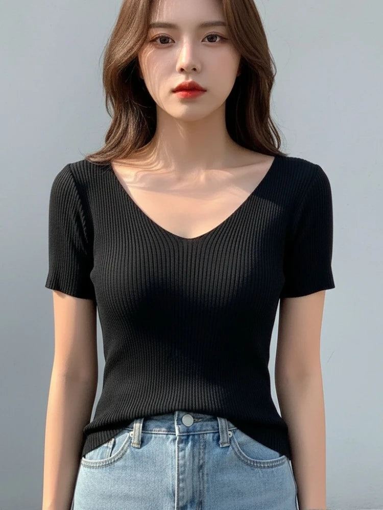 AOSSVIAO 2026 Summer Basic V-neck Solid Thin Women Pullover Female Knitted Ribbed Sweater Slim Short Sleeve Bodycon Sweater