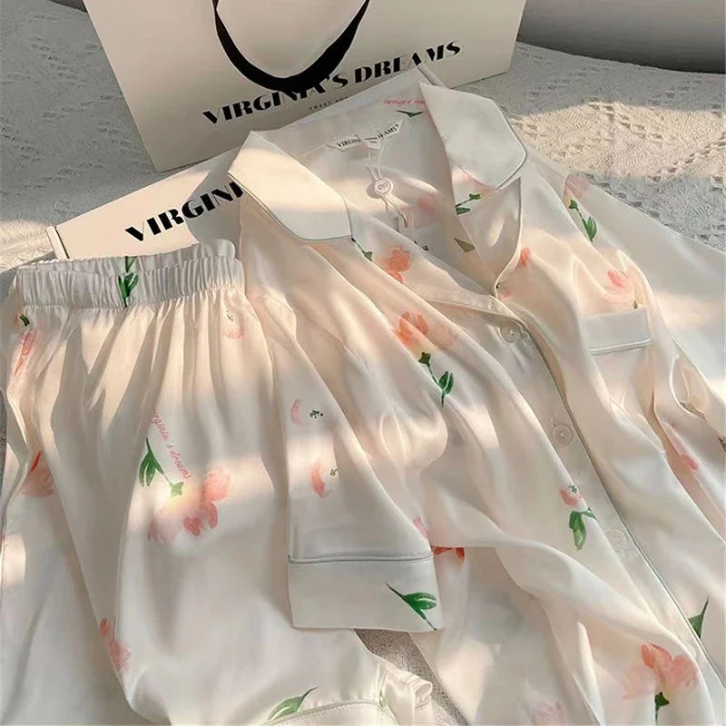 Women's Summer Faux Silk Pajama Shorts Set Casual Women's Short Sleeve Top and Shorts Home Clothes Flower Faux Stain Pajama Set