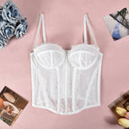 Sexy Lace Corset Tops Women Sheer Mesh Push Up Bra Female Partywear Crop Top Open Back Boned Tube Top Lingerie Bustier Plus Size