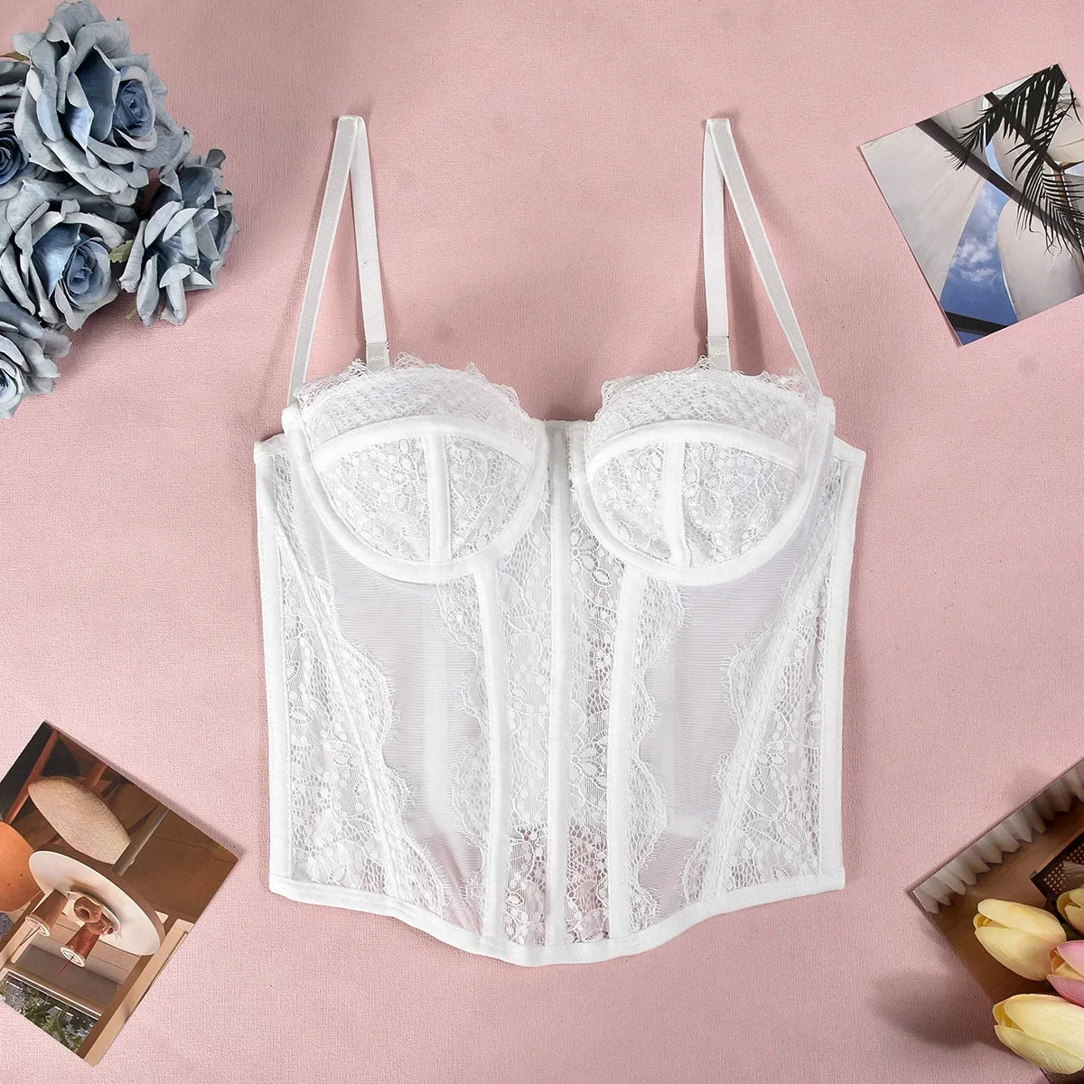 Sexy Lace Corset Tops Women Sheer Mesh Push Up Bra Female Partywear Crop Top Open Back Boned Tube Top Lingerie Bustier Plus Size