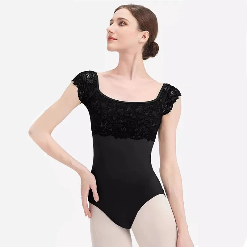 Ballet Leotards For Women Lace Adult Dance Gymnastics Leotard Square collar Back hollow out Dance Wear Short sleeve Bodysuit