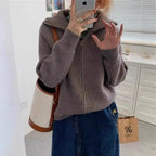 Simplicity Fashion Autumn Winter Sweaters Women's Solid Lapel Two Way Zipper Temperament chic Long Sleeve Cardigan Knitted Tops