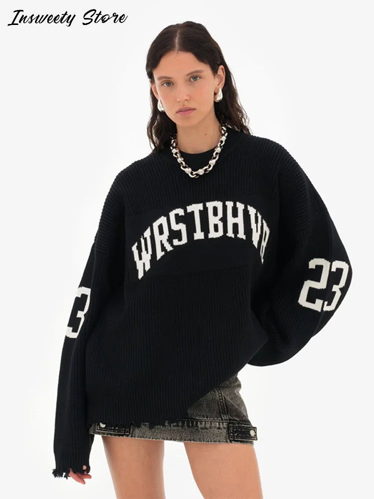 Fashion Letter Jacquard Knit Pullover Women Oversize Long Sleeve O-neck Classic Sweater 2026 Spring New Lady Casual Outerwear