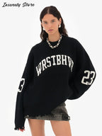 Fashion Letter Jacquard Knit Pullover Women Oversize Long Sleeve O-neck Classic Sweater 2026 Spring New Lady Casual Outerwear