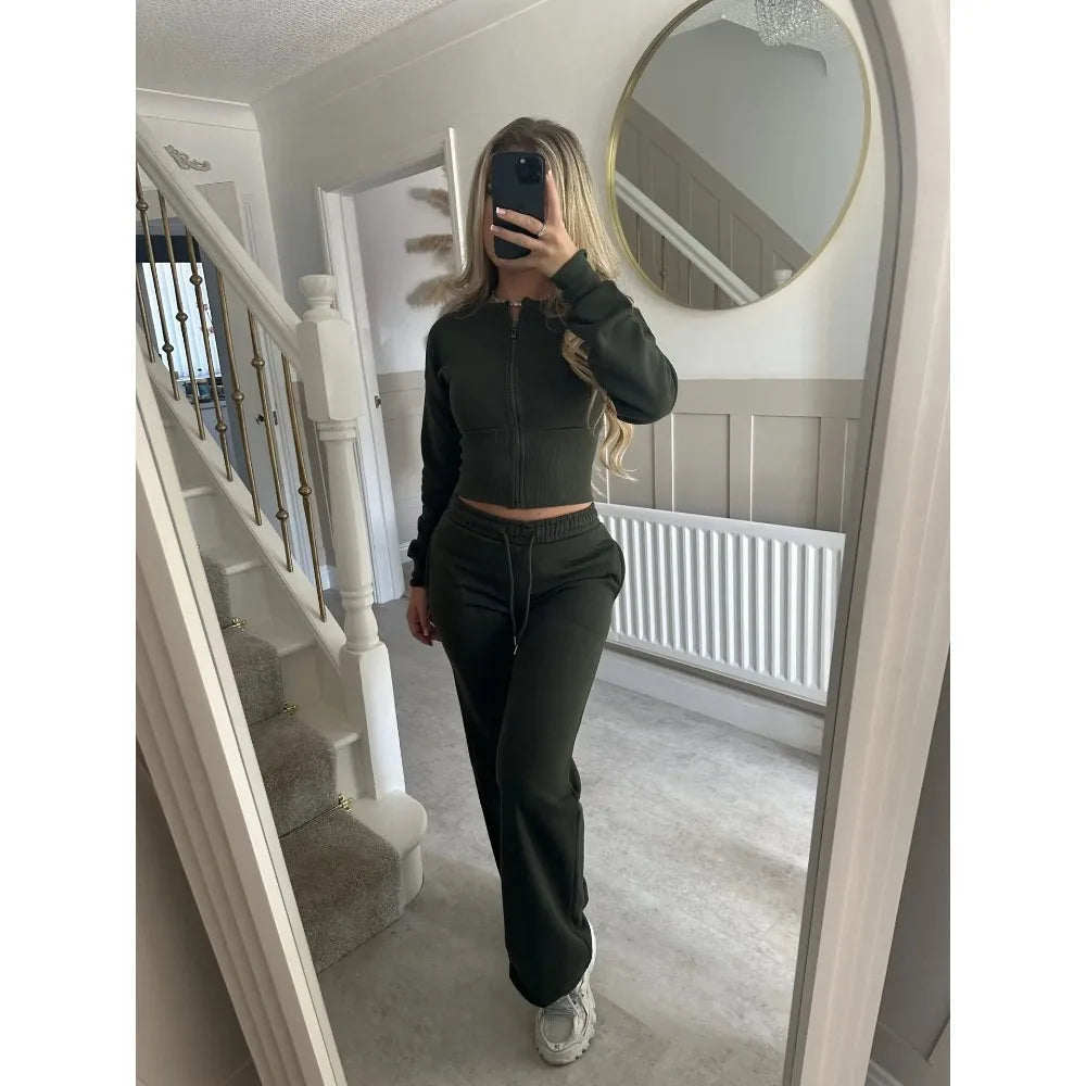 Pant Set Hoodies Sweatshirts Two Piece Sets Women CardiganTracksuit Matching Jogger Sets Zipper Coats Long Pants Lace Up Y2k