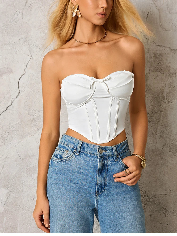 NewAsia Women's White Satin Strapless Bustier Top Boned Corset Backless with Zipper Sexy Summer Casual Party Crop Top 2026 New