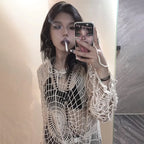 Karrram Japanese Y2k Hollow Out Knitted Top Trashy 2000s Style Spider Web Pullover Vintage Harajuku Hole Hooded Knitwear Grunge