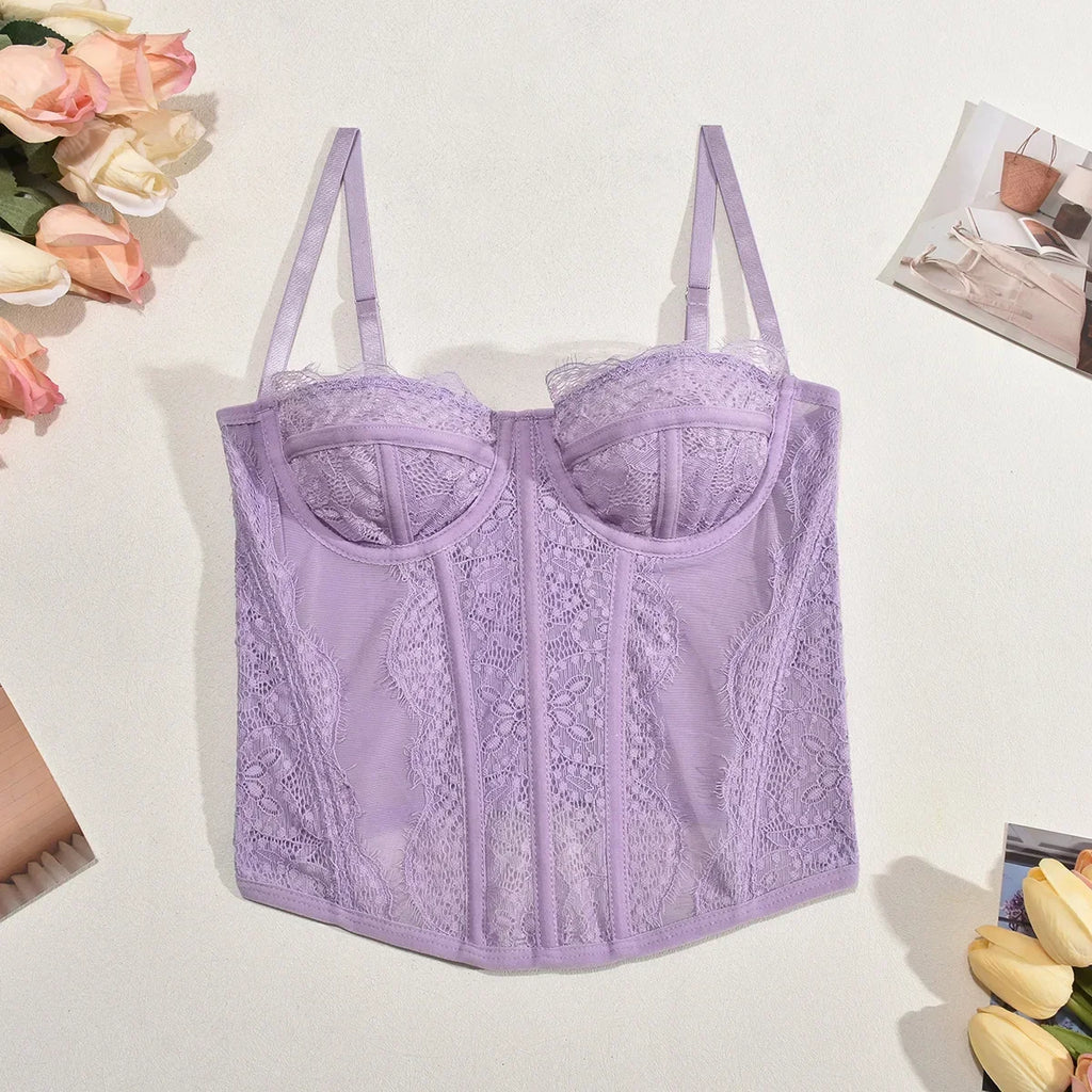 Sexy Lace Corset Tops Women Sheer Mesh Push Up Bra Female Partywear Crop Top Open Back Boned Tube Top Lingerie Bustier Plus Size