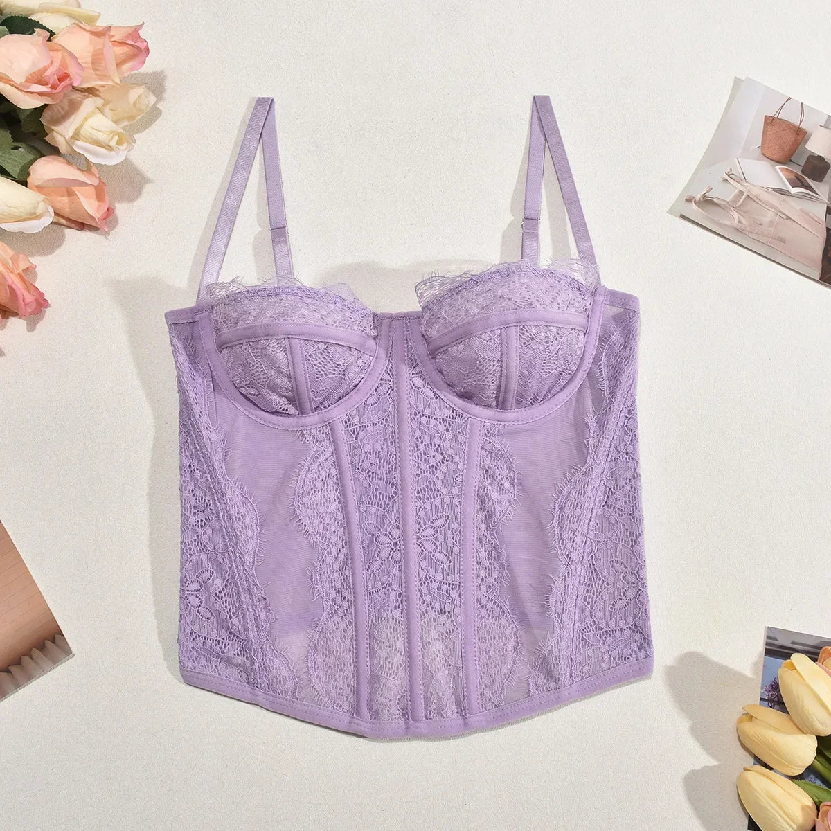 Sexy Lace Corset Tops Women Sheer Mesh Push Up Bra Female Partywear Crop Top Open Back Boned Tube Top Lingerie Bustier Plus Size