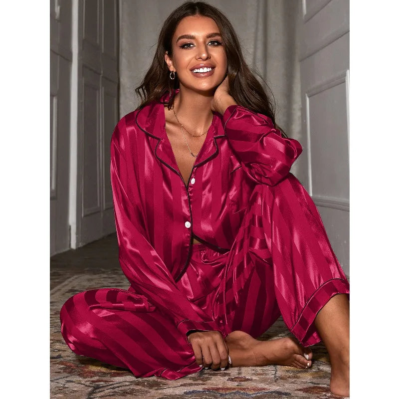 2pcs Set Women Pajama Set Lapel Striped Loose Casual Loungewear Set Satin Homewear Sleepwear for Women