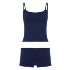 RUKEQT Women's Solid-Color Backless Sleeveless Loungewear 2-piece Set Vacation Spaghetti Strap Tank Top & Low-Rise Shorts Summer