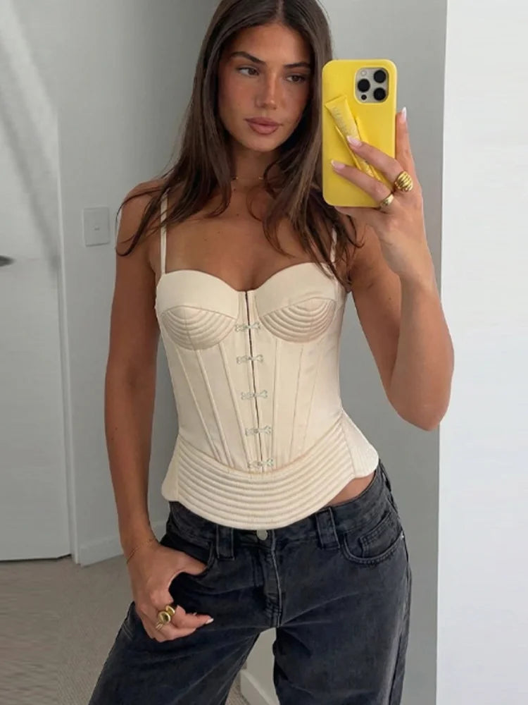 Button Embellished Corset Top Spaghetti Strap Boned Fitted 2026 Spring Elegant Women Satin Top Fashion Seductive Lady Bustier