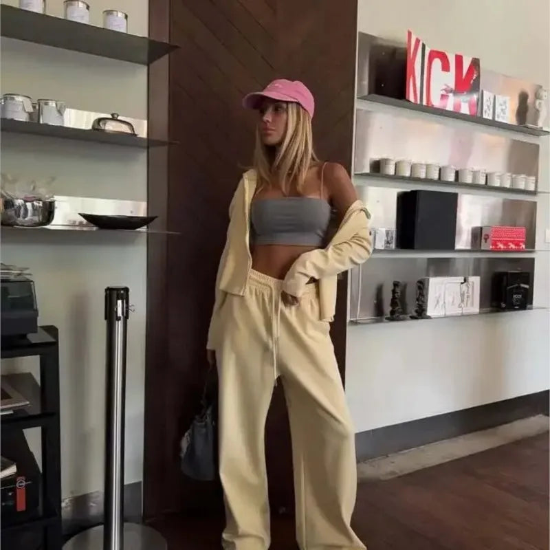 Women's Fashion Street Sports Style Two-Piece Set Casual Solid Color Zipper Cardigan Hooded Sweatshirt Loose Widefoot Pants Set