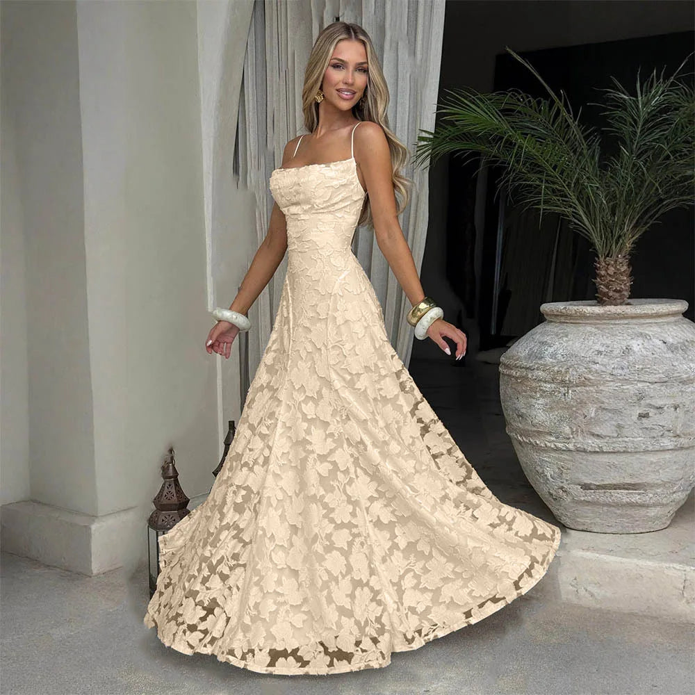 Jacquard Chiffon Long Dress Women's Backless Bandage Dresses Summer Evening Wedding Guest Green White Burgundy Pink Graduation