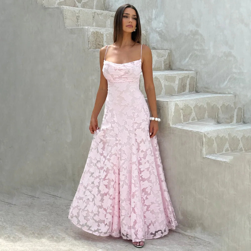 Jacquard Chiffon Long Dress Women's Backless Bandage Dresses Summer Evening Wedding Guest Green White Burgundy Pink Graduation