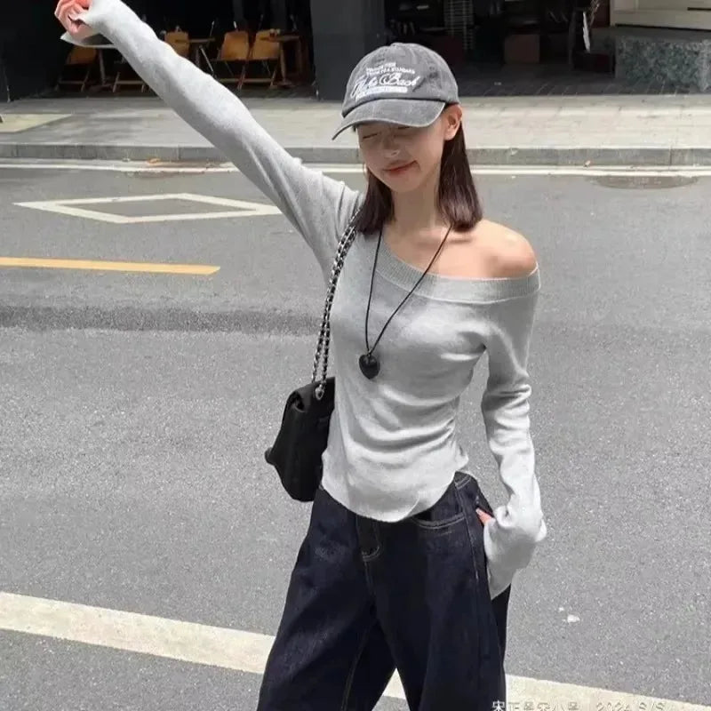 Sexy Pullovers Women Off Shoulder Cropped Knitted Basic Clothes Autumn All-match Side Slit Simple Tender Slim Gentle Seductive