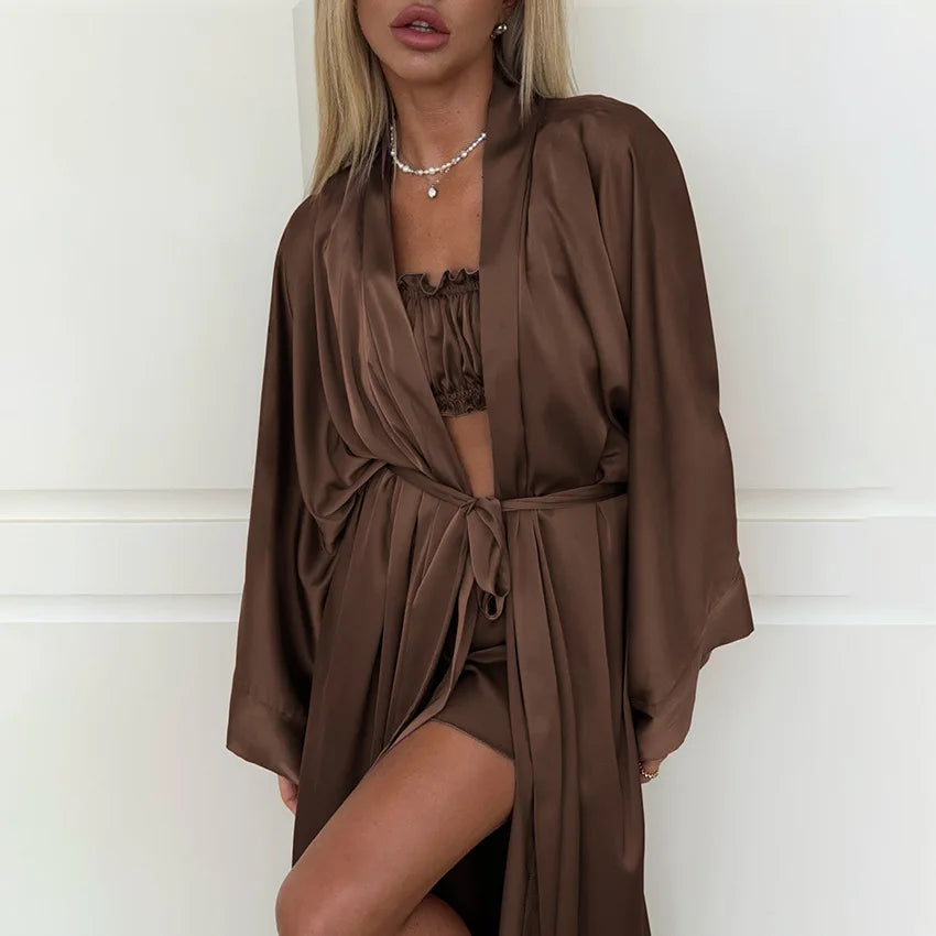 Elegant Brown Satin Nightgown 3 Piece Fashion Crop Top Vest Long Sleeve Robe With Wide Leg Shorts Home Ruffles Pajama 2026
