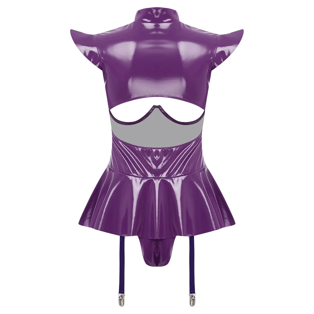 Women Lingerie PU Leather Tempting Bodysuit Breast Hollow Out Underwire Teddies Ruffled Hem Garters Jumpsuit Erotic Nightwear