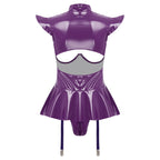 Women Lingerie PU Leather Tempting Bodysuit Breast Hollow Out Underwire Teddies Ruffled Hem Garters Jumpsuit Erotic Nightwear