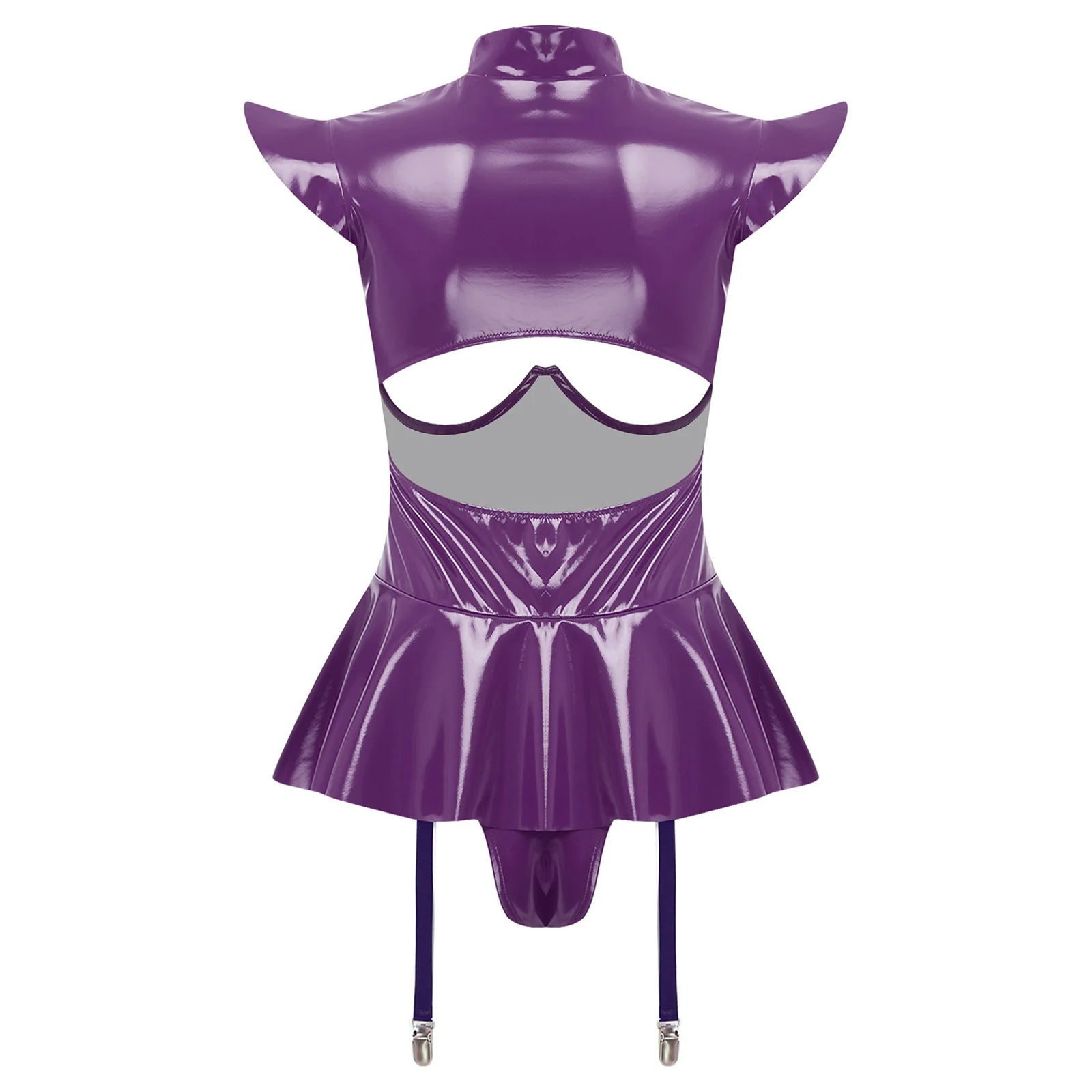 Women Lingerie PU Leather Tempting Bodysuit Breast Hollow Out Underwire Teddies Ruffled Hem Garters Jumpsuit Erotic Nightwear
